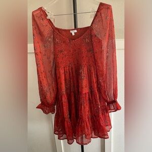 Prosper of Peace Red Floral Smocked Babydoll Dress | Sheer Puff Sleeves | Small